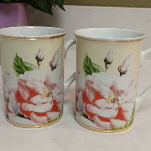 2 Konitz Rose Floral Coffee Teacups - White Pink W/ Gold Bands Top Bottom